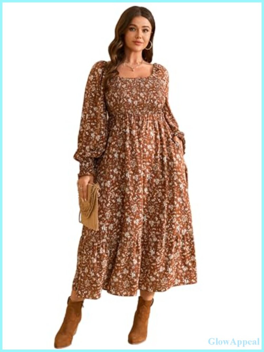 Plus Size Smocked Boho Floral Maxi Dress Long Sleeve Square Neck Flowy Swing